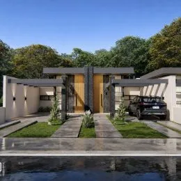 Fachada de uma residência moderna com paisagismo em Lajeado, Brasil.