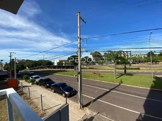 Vista da rua com carros estacionados e postes de luz.