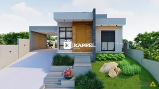 Fachada moderna de uma residência com paisagismo e entrada pavimentada.