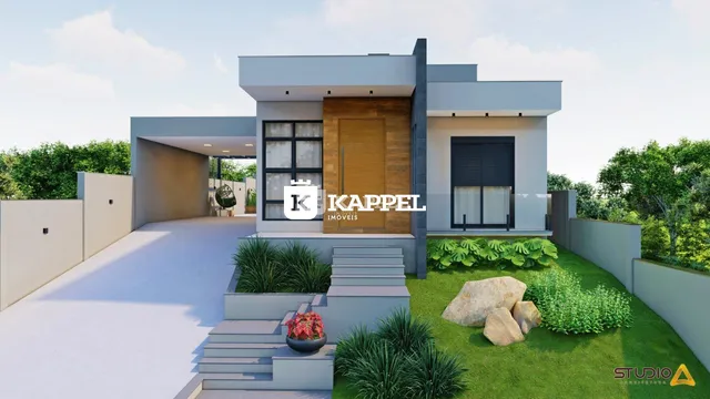 Fachada moderna de uma residência com paisagismo e entrada pavimentada.