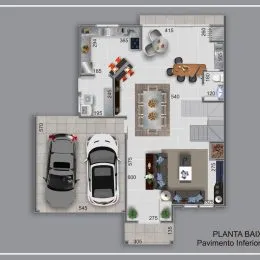 Planta baixa de um imóvel mostrando a disposição dos cômodos.