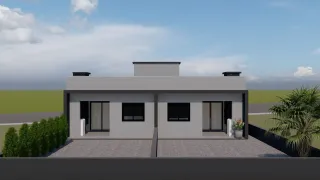 Fachada de uma casa moderna com paredes claras e janelas escuras em Lajeado, Brasil.