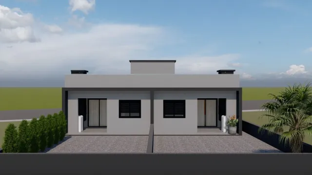 Fachada de uma casa moderna com paredes claras e janelas escuras em Lajeado, Brasil.