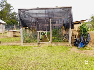 Vista externa de um terreno com cerca de arame e grama.