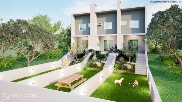 Vista externa de uma residência moderna com jardim e escadarias.