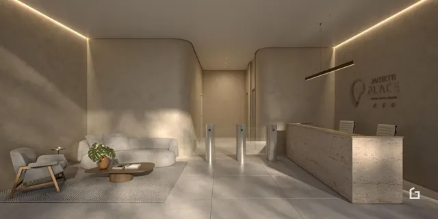 Sala de estar moderna com sofá e ambiente claro.