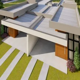 Fachada moderna de uma casa em Lajeado, Brasil, com estrutura de laje exposta e jardim na frente.