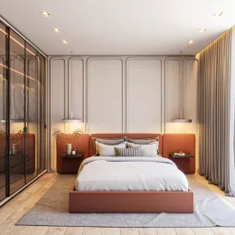 Quarto com cama e cabeceira em ambiente bem iluminado.