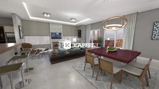Foto de uma sala de estar moderna com mesa de jantar e grandes janelas.