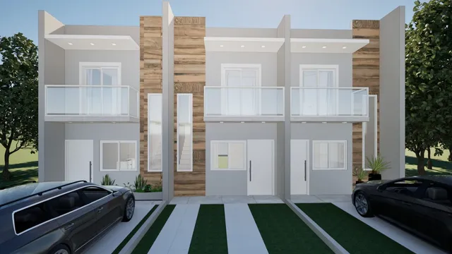 Fachada de uma casa moderna com revestimento de madeira e varandas.