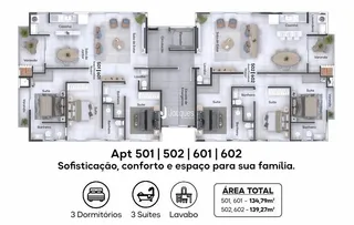 Planta baixa dos apartamentos 501, 502, 601 e 602 em Lajeado.