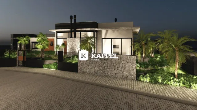 Fachada de uma residência moderna com paisagismo em Lajeado, Brasil.