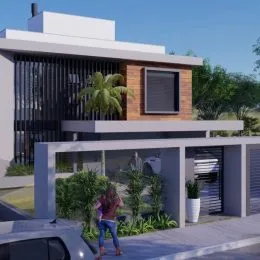 Fachada de uma residência moderna com detalhes em madeira e revestimento escuro em Lajeado, Brasil.