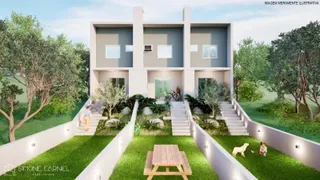 Fachada de uma residência moderna com paisagismo verde e escadarias.