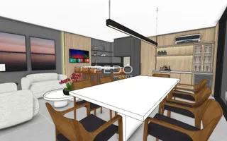 Sala de jantar com mesa e cadeiras em ambiente moderno.