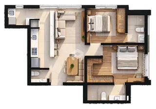 Planta baixa de um apartamento moderno mostrando sala, cozinha e dois quartos.