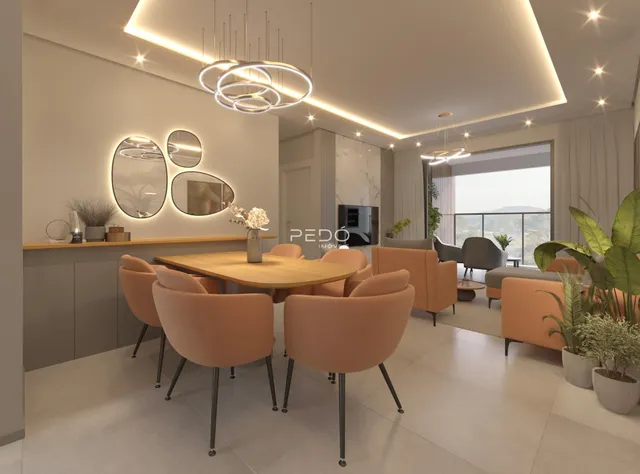 Sala de jantar moderna com mesa de madeira e decoração interior.