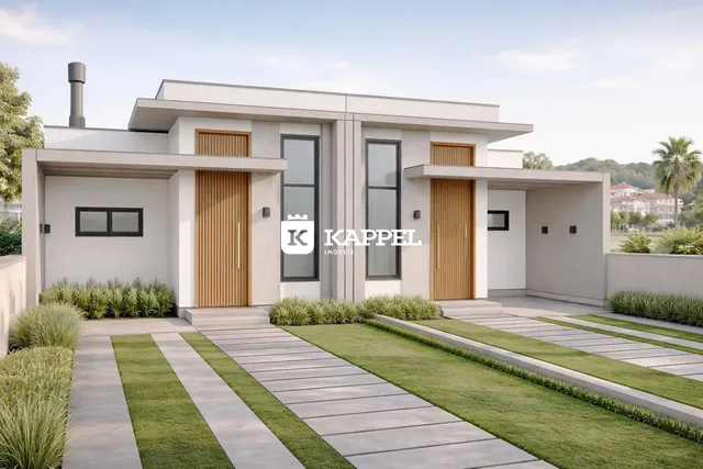 Fachada de uma casa moderna em Lajeado, Brasil, com revestimento branco e detalhes em madeira.
