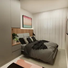 Quarto com cama e parede branca decorada.