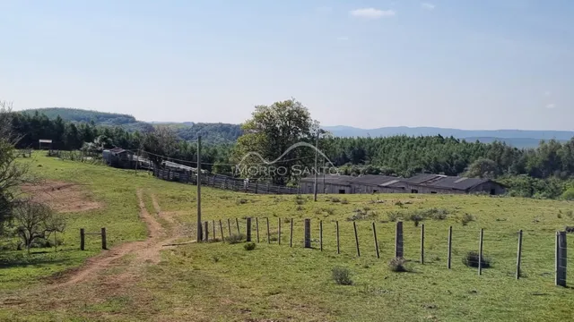 Paisagem de campo com cercas de madeira e vegetação ao fundo.