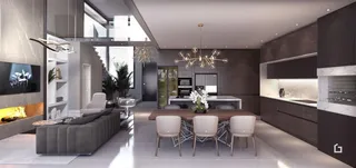 Interior moderno de uma sala de estar com cozinha e sala de jantar em um imóvel.