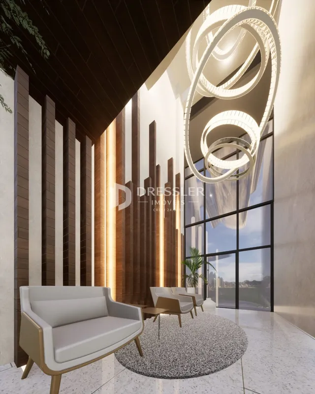 Sala de estar moderna com grandes janelas e decoração contemporânea.
