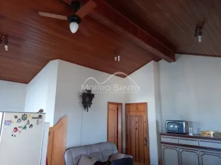 Foto do teto inclinado de uma sala com forro de madeira.