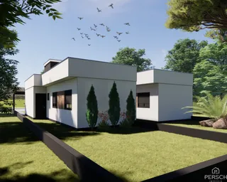 Fachada moderna de uma casa branca com jardim verde em Lajeado.