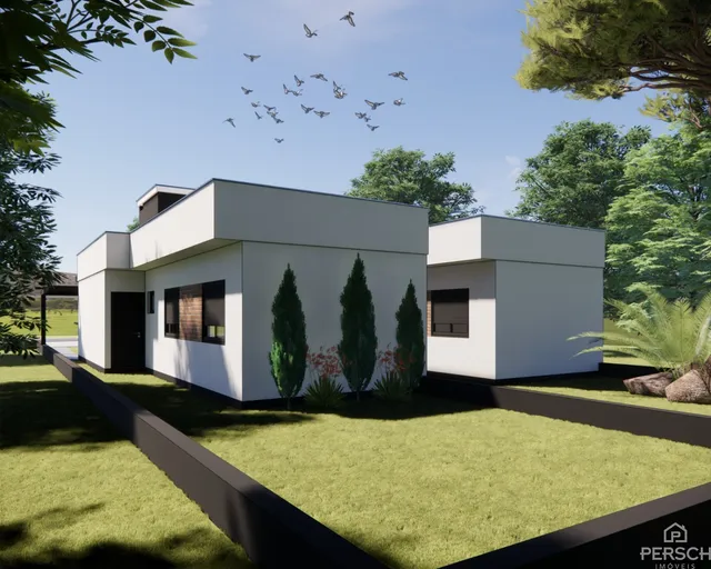 Fachada moderna de uma casa branca com jardim verde em Lajeado.
