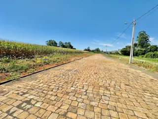Uma estrada pavimentada se estende por um campo de vegetação ao longo de uma paisagem rural.