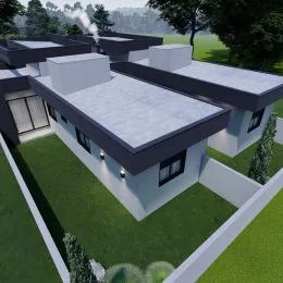 Fachada de uma casa moderna com telhado plano e jardim verde.