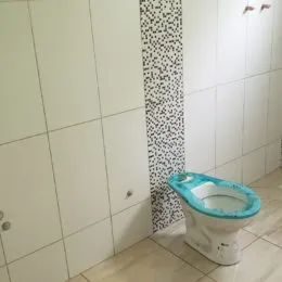 Foto de um banheiro com revestimento de azulejos brancos e um vaso sanitário branco.