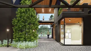Fachada moderna de uma residência com jardim e área externa.
