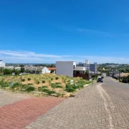 Vista externa de uma rua com vegetação seca e edifícios ao fundo em Lajeado.