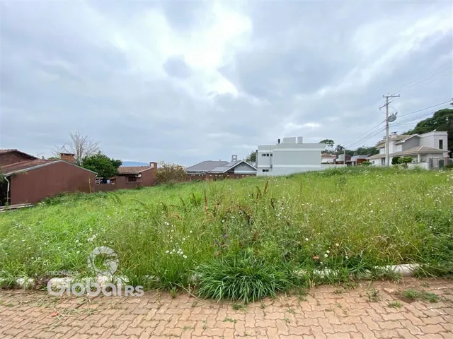 Vista externa de uma propriedade com gramado alto e terreno inclinado.