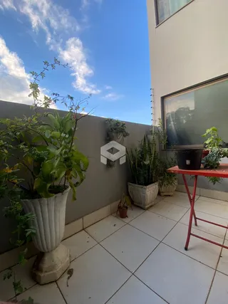 Vista externa de uma parede cinza com plantas e piso de cerâmica.