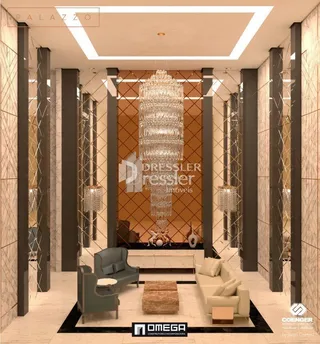 Sala de estar com decoração moderna e lustre de cristal.