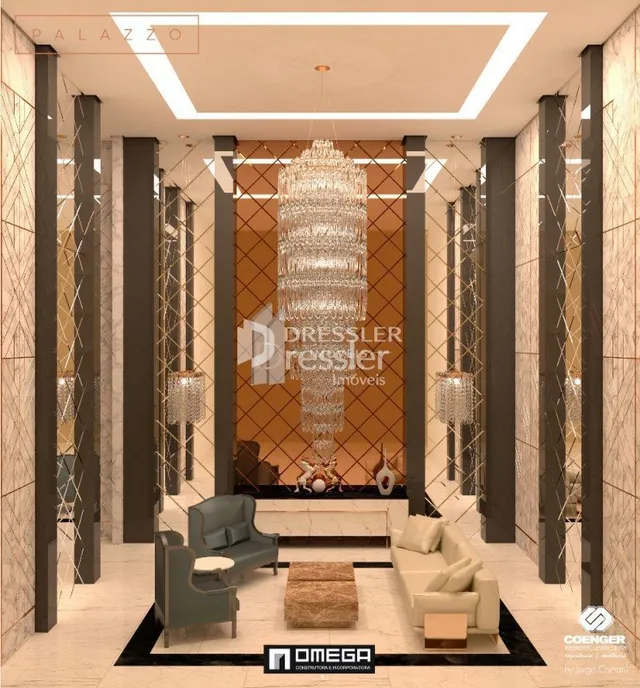 Sala de estar com decoração moderna e lustre de cristal.