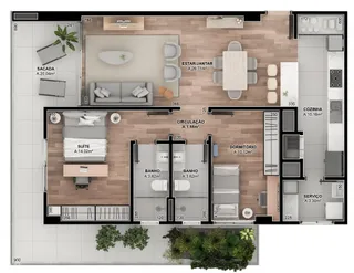 Planta baixa de um apartamento mostrando a disposição dos cômodos.