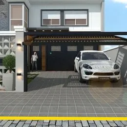 Fachada de uma residência moderna com porta escura e piso de concreto em Lajeado, Brasil.