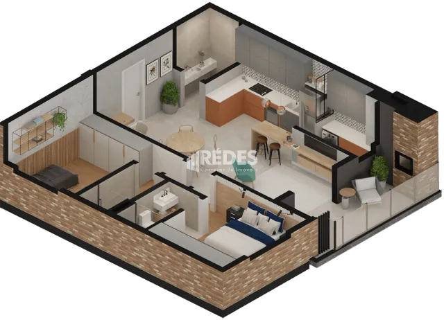 Renderização 3D de um apartamento moderno com cozinha aberta e sala de estar.