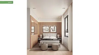 Quarto moderno com cabeceira de madeira e decoração minimalista.