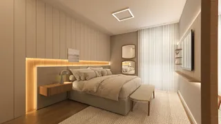 Quarto moderno com cama e decoração em madeira clara.