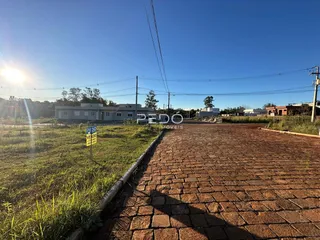 Vista externa de uma propriedade com gramado e estrada de paralelepípedos.