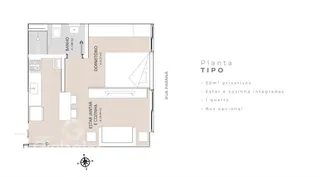 Planta do tipo de um imóvel de 30m² com estar, cozinha, jantar e um quarto.