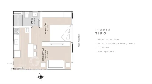 Planta do tipo de um imóvel de 30m² com estar, cozinha, jantar e um quarto.