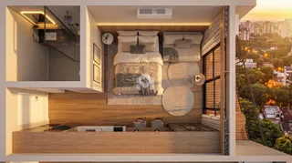 Quarto com decoração de madeira e acesso a uma varanda.