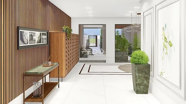 Ambiente interno moderno com piso claro e painéis de madeira em uma residência.