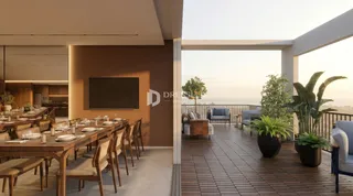 Vista de um ambiente interno com acesso a uma varanda com vista.