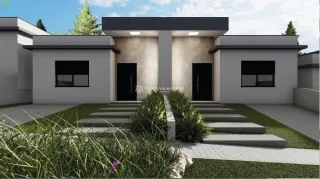 Fachada de uma residência moderna com jardim na cidade de Lajeado, Brasil.